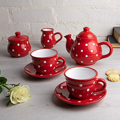 City to Cottage® - Keramik Tee Kaffee Set für 2 | Rot und Weiß | Polka Dots | Handgemacht | Keramik Teekanne Kaffeekanne 750 ml, Milchkännchen, Zuckerdose, 2 Tassen mit Untertassen