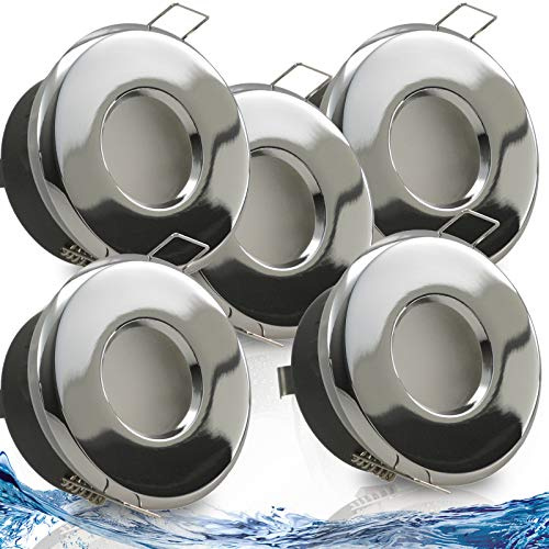 trendlights24 Merano Decken Einbaustrahler rund IP65-5er Set ultra flach 50 mm LED Spots 5W 230V Warmweiß - Chrom glänzend Bad Feuchtraum