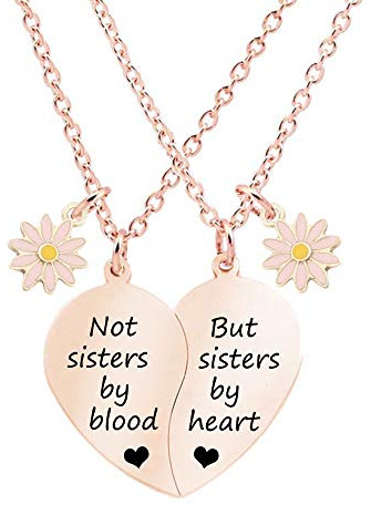 MJartoria BFF Necklace for 2-Split Heart Necklace Not Sisters by Blood Pendant Best Friend Friendship Necklace Set of 2 Valentines Day Gifts for Her(Rose Gold, A-Daisy)