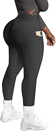 Memoryee Damen Honeycomb Leggings mit Taschen Slim Fit Hohe Taille Sporthose Lange Workout Kontrolle Gym Yogahosen