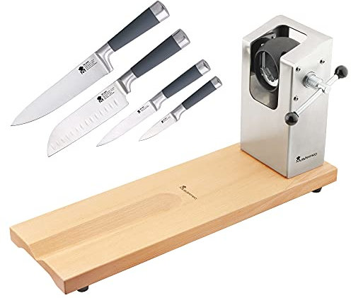BERGNER PK3288 Porta prosciutto 62 x 19,5 x 3,3 cm con Set di 4 coltelli da Cucina San Ignacio Masterpro, Legno/Acciaio Inox, Cromo