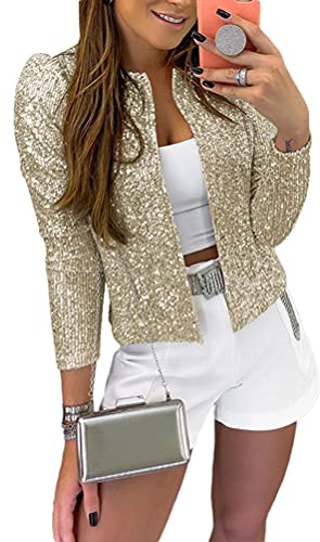 Onsoyours Cardigan da Donna Lucido con Classiche Cardigan Paillettes a Maniche Lunghe Bolero Top Corti Blazer Elegante Abiti da Festa con Glitter Clubwear