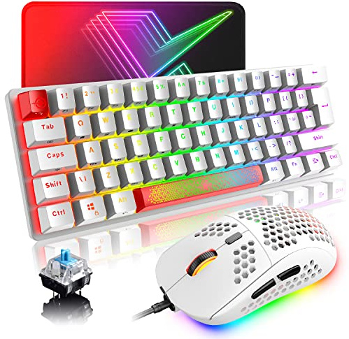 LexonElec Gaming-Tastatur (Red White) UK Layout Mechanische Spieletastatur RGB 14 Hintergrundbeleuchtungseffekte Mini 62 Tasten Kabel Typ C + Leichtes RGB 6400DPI