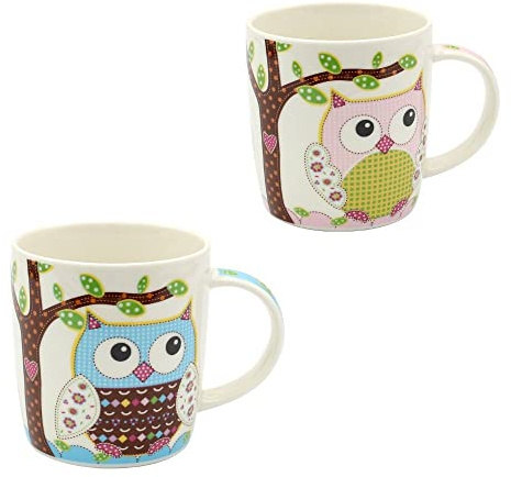 Dekohjälden24 set med 2 kaffemuggar i porslin – motiv: Färgglada ugglor i blått – rosa – storlek H/Ø: 9,5 x 8,5 cm, kapacitet 350 ml, diskmaskinssäker