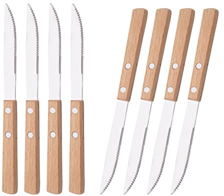 Uniturcky Dinner Knives Set of 8-8.15 inches Wooden Serrated Knives - 304 Stainless Steel Flatware with Square Wood Handle, Mirror Polished