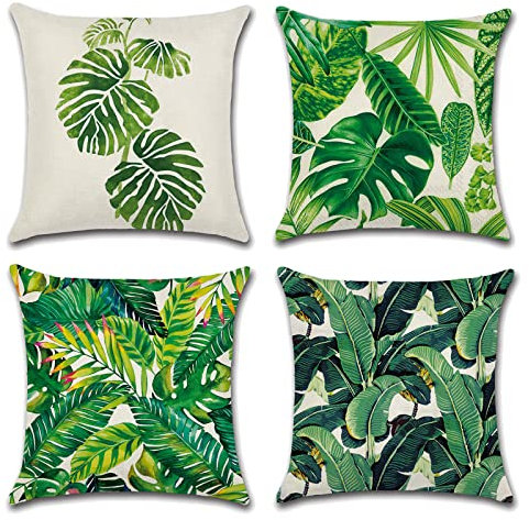 OCEUMACO Leinen Kissenbezug 40x40 Dschungel Kissenhülle 4er Set Quadratisch Dekokissen Sofakissen Bezug für Couch Sofa Grün Natur Muster Kissen Kissenbezüge Deko Zierkissen Couchkissen Outdoor