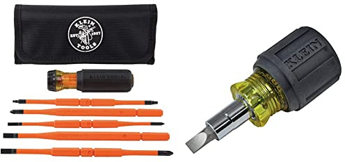 Klein Tools 32288 Insulated Screwdriver & Klein Tools 32561 Stubby Screwdriver and Nut Driver with 6-in-1 Multi-Bits, 1 and #2 Phillips, 3/16-Inch Slotted, 1/4-Inch and 5/16-Inch, Black and Yellow
