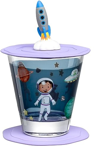 LEONARDO HOME Bambini Avventura barnglas med lock och underlägg – dricksglas med motiv av högkvalitativt glas – storlek S, innehåll 215 ml – 3-delat drickset med motiv rymd, 023674