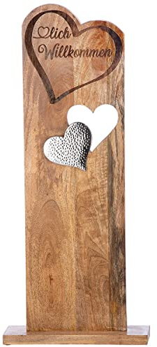 GILDE Holz Deko Standrelief XXL Herz - lich willkommen - Dekoration Eingang Flur Diele - Naturfarben Höhe 86 cm