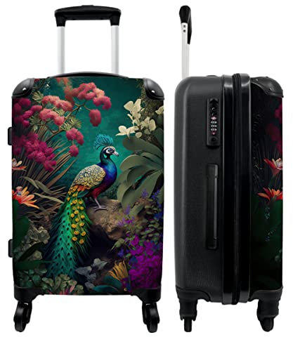 NoBoringSuitcases.com® Koffer groß Trolley Rollkoffer Reisekoffer mit 4 Rollen Fotokoffer - Pfau - Federn - Blumen - Vogel - 67x43x25cm - 90 Liter