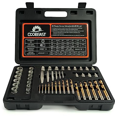 Coobeast 49Pcs Bolt Extractor Kit with Left Hand Drill Bit, Screw Extractor Set Heavy Duty, Bolt Extractor & Reverse Drill Bit Easy Out Damaged Nuts Stripped Screw with Portable Case Great Mens Gift