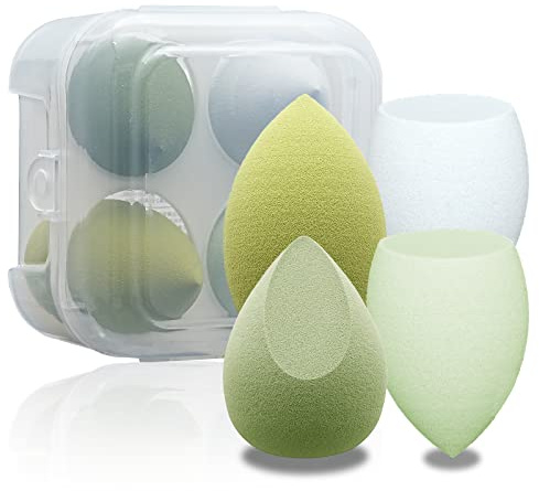 4er-Set Beauty Blender Schwämme Latexfreie, weiche, leicht zu reinigende, professionelle Schwämme für Flüssigkeiten, Cremes und Puder, mit 1 Schwammbehälter (Matcha-System)