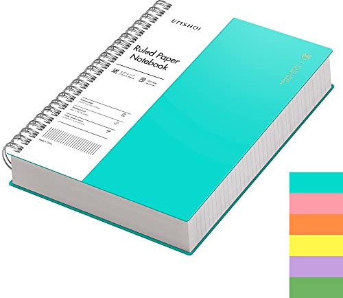 EMSHOI A4 Notebook Lined, Spiral Journal, 300 Pages, PVC Cover, Light Blue | 100GSM Paper, Flexible Plastic Cover, Notepad with Sticky Notes, Pocket, Pen Loop, Bookmark Ruler for Writing, 21 x 28.5cm