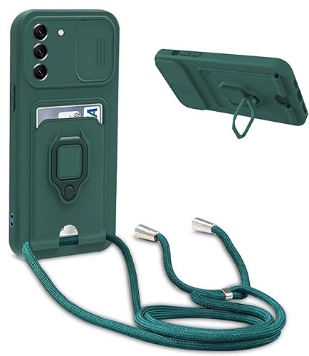 BGHHEU Handykette Schutzhülle kompatibel mit Samsung Galaxy S21 FE 5G Handyhülle mit Band,Schiebe Kameraschutz,360 Grad Ringhalter Stand,Kartenfach,Verstellbarer Halskette Silikon hülle - Dunkel Grün