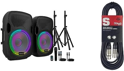 Audibax Party 215 - Set de 2 Altavoces Activo y Pasivo de 15%22 - Potencia de 500W & Cable de micrófono a mezclador Stagg SMC6 XLR (m) -XLR (f) de 6 metros de largo, negro