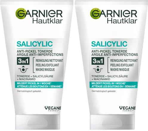 Garnier Hautklar 3 in 1 Gesichtsreinigung für unreine Haut, Reinigung, Peeling und Maske, Mit Salizylsäure und Tonerde, 1 x 150 ml (Packung mit 2)