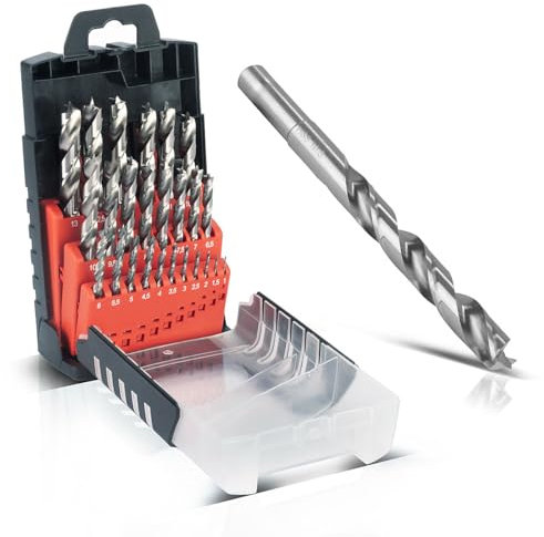STAHLWERK 25er Set HSS Holz-Spiralbohrer 1-13 mm DIN 338 Holzbohrer | HSS-Bohrer | Bohrer-Satz mit geschärften Kanten und Zentrierspitze für präzise Bohrungen
