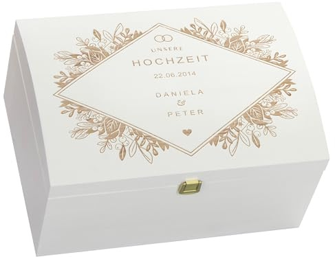 LAUBLUST Holztruhe zur Hochzeit mit Verschluss - Personalisierte Geschenkkiste mit Gravur | ca. 35x25x19 cm - Hochzeitstruhe personalisiert mit Namen & Datum - FSC® (Florale Raute, Weiß ohne Schlitz)