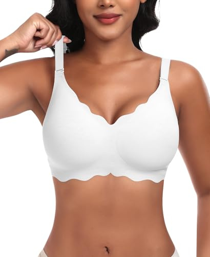 Ganado Damen Nahtloser BH Ohne Bügel Tiefem V-Ausschnitt gewellte Ränder Push Up BH Bralette Soft Bequem BHS Bügellos Bustier (Weiß-Doppel Vorderwelle, 2XL)