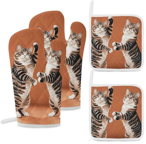 Ofenhandschuhe und Topflappen-Set, 4-teilig, hitzebeständig, Küchenhandschuhe und heiße Pads, zwei Katzen, tanzende Ofenhandschuhe, rutschfest, wasserdicht, Topflappen zum Backen, Kochen, Grillen