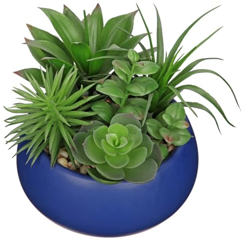 Arborus Plantas suculentas artificiales de 17 cm en maceta de cerámica azul, suculentas artificiales, pequeñas plantas artificiales en maceta para oficina, hogar, baño, decoración de estantes