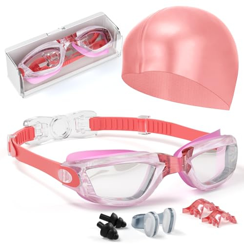 Hurdilen Kids Swim Goggles, Swimming Goggles for Kids Toddlers 3-14 with Swim Cap, Nose Clip, Nose Bridge, Ear Plugs
