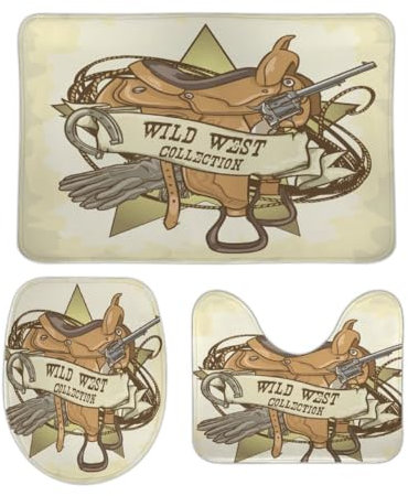 Badteppich-Set 3-Teilig Wild-West-Design U-Förmiger Teppich Waschbar Wc Vorleger Set 3 Teilig Weiches Badvorleger Für Badezimmer Badewanne Dusche