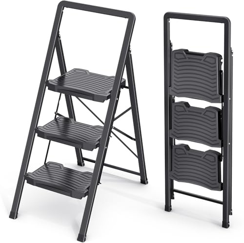 KINGRACK Heavy Sturdy 3 Step Ladder, Portable Ladder for Home, Kitchen, Folding Steel Step Stool with Anti-Slip Wide Pedals, Handrail, Safe-Lock Design, Pass 800lbs Load Testing, Black