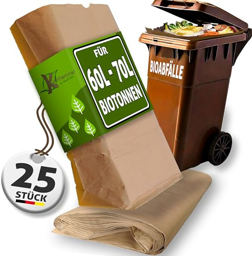 Biotonnenmüllsäcke 60L - 70L I 25Stk Müllbeutel Biotonne I Biomüllsäcke I Papiermüllsäcke für Biomülltonne madenfrei I Papiersäcke für Gartenabfälle