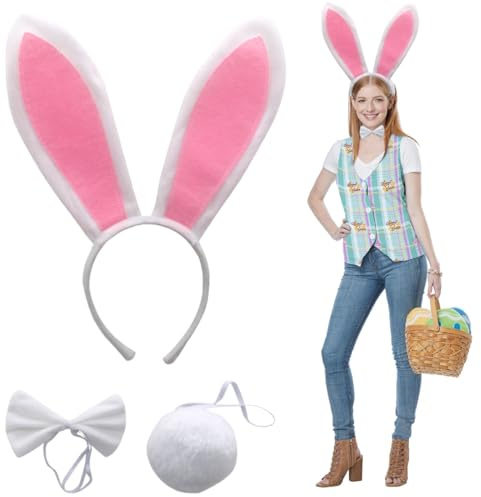 BCHKO 1 Set de Orejas y Cola de Conejo, Diadema, Collar y Cola para Niños y Adultos, Disfraz de Conejo para Carnaval y Fiesta de Disfraces