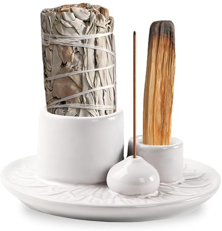 Räucherstäbchenhalter, Räucherschale für Jedes Räucherwerk, 4-in-1 Räucherschale, Keramik Räucherschale, Salbeihalter Zum Brennen, Keramik Räucherstäbchenhalter für Palo Santo Stäbchen(Weiß)