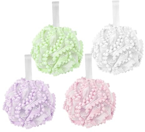 4 Pezzi Palla da Bagno Esfoliante Corpo in Pe e Peluche | Design Ispessito e Leggero, Uso su Tutto Corpo, Schiuma Ricca per Doccia e Bagno