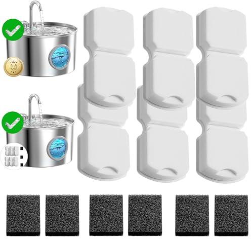 GIOTOHUN Filtro Fuente para Gatos: 12 Filtros Fuente Gatos - 6 Carbón Filtros + 6 Esponjas - Bebedero Gato Filtro - Filtración Múltiple - Adecuado para Dispensador Agua Gato Acero Inoxidable