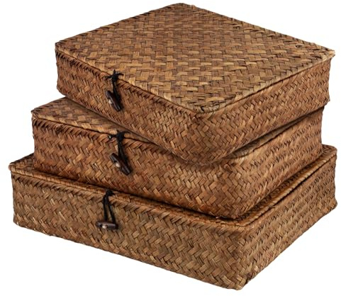 SINJEUN 3er Set Kaffeebraun Aufbewahrungskorb mit Deckel, 2 Größen Regalkorb Seegras, geflochtene Seegraskörbe für Wohnzimmer, Bad, Küche, 28 x 24 x 6.5cm, 32 x 28 x 7cm