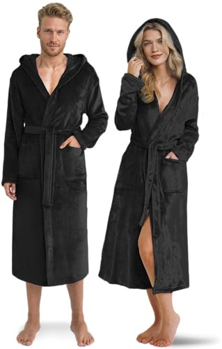 Twinzen Damen & Herren Kuschelfleece Morgenmantel mit Kapuze S - Schwarz - Weich, Warm & Bequem - Öko-Tex Standard 100 Zertifiziert