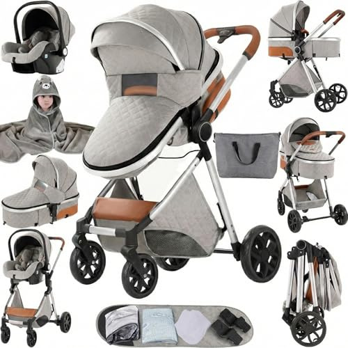 Sianldcone Kinderwagen 3 in 1, Hochwertige Stoffe Kinderwagen Set, Offene Sicht Kombikinderwagen 3 in 1 Komplettset, Zwei-Wege-Schiebefunktion Reisesysteme (V9 Light Grey)
