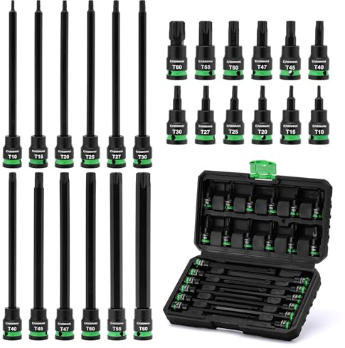 CASOMAN 24PCS 3/8-Inch Drive Extra Long and Standard Torx Bit Socket Set, T10-T60, Length: 2 & 6, CR-V & S2
