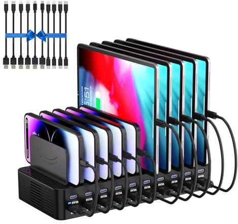 270W Charging Station for Multiple Devices, 20-Port USB Fast Charging Station with Adjustable Dividers & 10 Cables, Multi Device Organizer Charging Dock for iPhone, iPad, Tablets & More(Black)