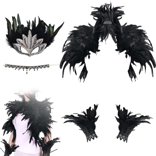 ZITUZY Schwarze Federumhang mit Feder-Manschetten Spitzenhalskette Federmaske, Maskerade Cosplay Kostüm, Gothic Feder Achselzucken Schal für Damen Halloween Karneval Maskerade（Schwarz）