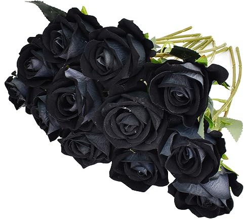 Eclove 12 Pcs Rose Artificiali, Realistiche Singola a Gambo, Fiori Artificiali Finto 30cm Lungo Rosa Finta, Bouquet da Sposa in Seta per Decorazioni in Casa per Giardino Feste Ufficio (Nero)