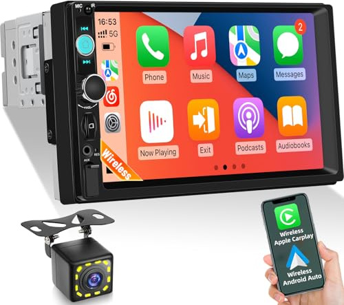 Autoradio 1 Din avec écran Tactile IPS 7 Pouces, Apple CarPlay et Android Auto sans Fil et Filaire, Bluetooth, FM, Youtube, Sortie vidéo, Commande au Volant, caméra de recul Incluse