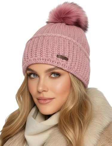 Baesics Bommelmütze Damen Herren - Wintermütze Kunstfell Bommel warm | Mit flauschigem Pompon und weichem Fleecefutter, Größe ca. 54-58 cm, Strick aus der EU. Warm für Herbst, Winter und als