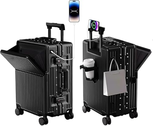 AIWEINY Handgepäckkoffer für Frühjahr/Sommer, fluglinienzugelassen, mit TSA-Schloss, 360°-Rollen, PC-Hartschale und druckfestem Aluminiumrahmen, passend für 20'', 24'' und 26''. (24‘’, Schwarz)