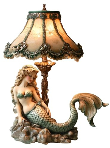 3D Seashell Mermaid Table Lamp Glitter Tail Mermaids Resin Reading Lamps LED Fairy Tale Mermaid Seashell Decor Bedside Desk Lamp for Bedroom Nightstand Office Desk Living Room (A)
