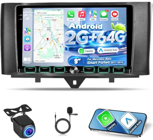 Radio para Coche 2G+64G para Mercedes Benz Smart Fortwo 2011-2015, Pantalla táctil Android de 9 Pulgadas, Audio EQ, Pantalla 1280 * 720, Carplay, Android Auto, SWC, Bluetooth 5.0, WiFi