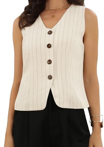 Allegra K Vest Tops for Women Striped Linen V Neck Sleeveless Button Down Waistcoat Business Casual Summer Crop Tops Medium Beige