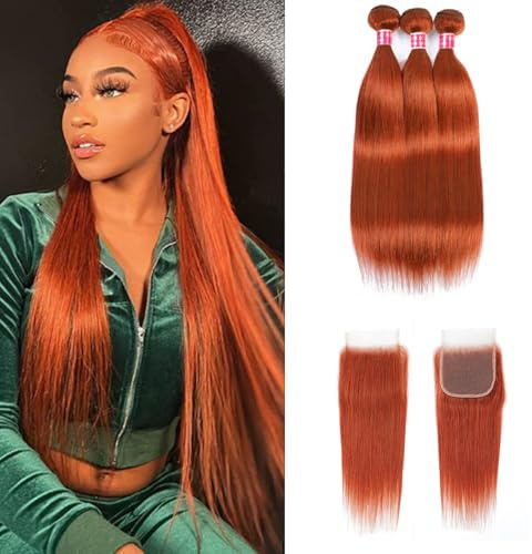 FUIBEJAE #350 Naranja Suelto Paquetes Profundos con Cierre Paquetes de Cabello Humano con Cierre de Encaje Extensiones de Cabello Virgen Brasileño de para Mujeres Negras,20 22 24+20closure