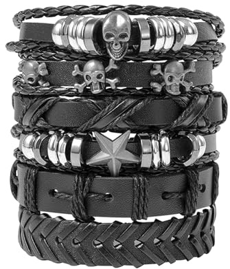 KRENIE 6 Pcs Leather Studded Bracelets, Adjustable Punk Wristbands | Gothic and Emo Style Accessories for Women and Men, Unisex Jewellery for Concerts, Parties and Alternative Outfits