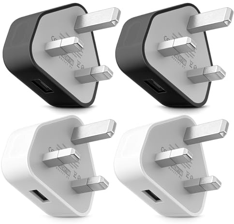 USB Charger Plug UK 4 Pack (2 Black + 2 White), 5V 1A USB Wall Plug Adaptor with 3-Pin UK Mains Adapter, Fast Safe Charging Compatible with iPhone 14/13/12/11/XR/XS/SE/8 for iPad Huawei Pixel Samsung