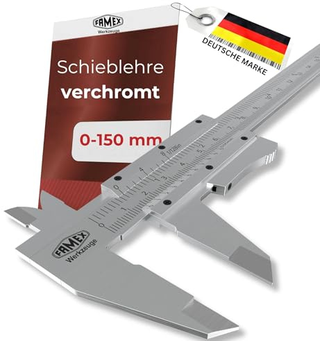 FAMEX Präzisions-Schieblehre Messschieber - 0–150 mm, 0,05 mm Auflösung – Messwerkzeug für Außen-, Innen- & Tiefenmaße, Einstelltaste, Aufbewahrungstasche, ideal für Werkstatt, DIY